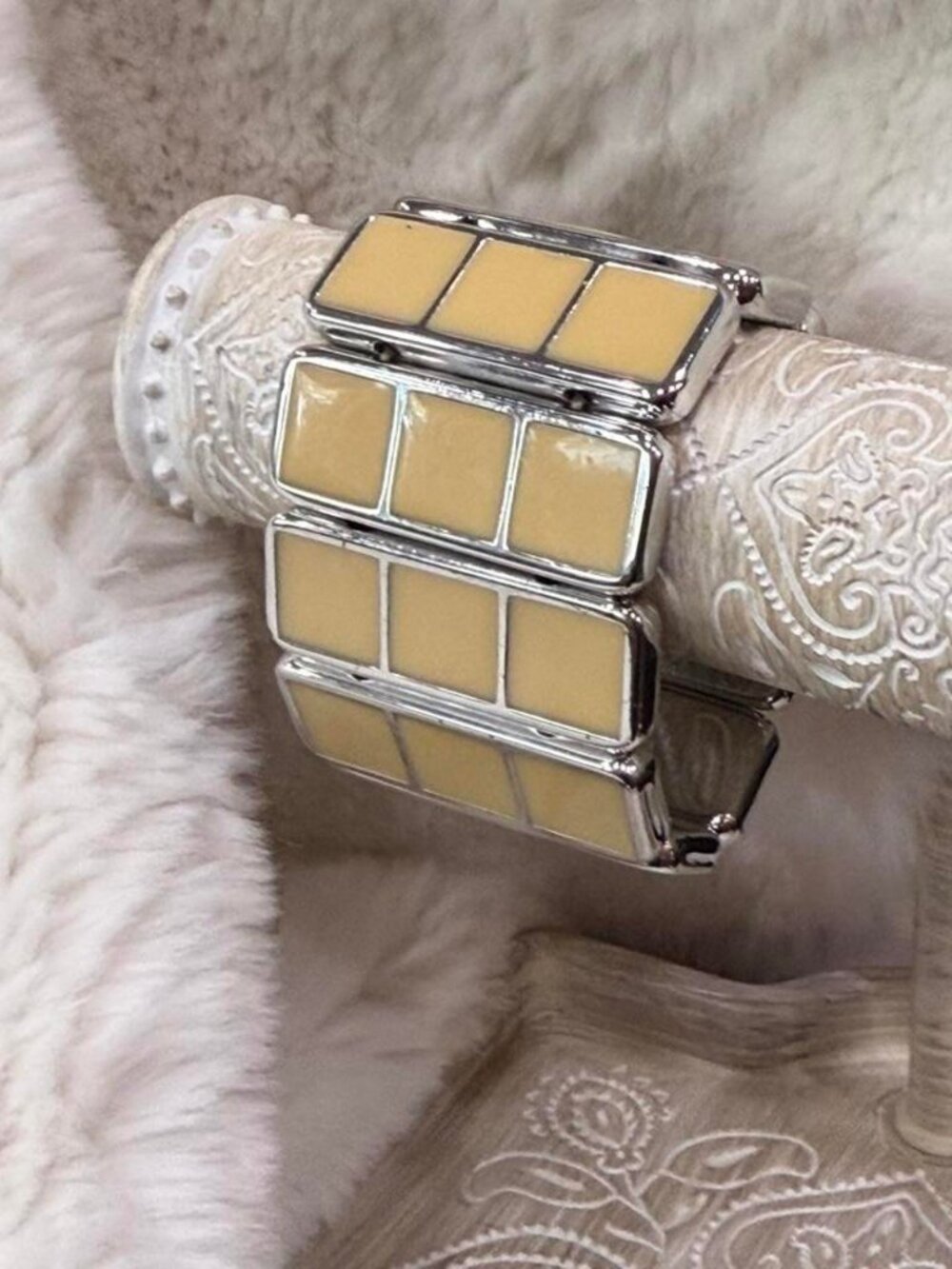 Cream & Silver Wide Stretch Panel Bracelet 2.5 in